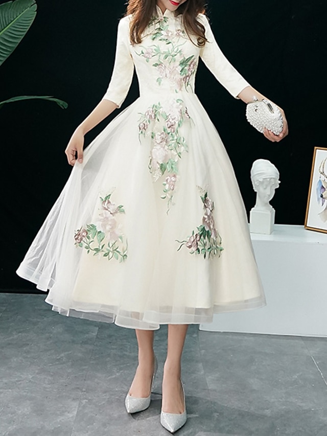  A-Linie Cocktailkleider Elegant Kleid kleid hochzeitsgast Partykleidung Tee-Länge Halbe Ärmel Ständer Tüll mit Applikationen 2024