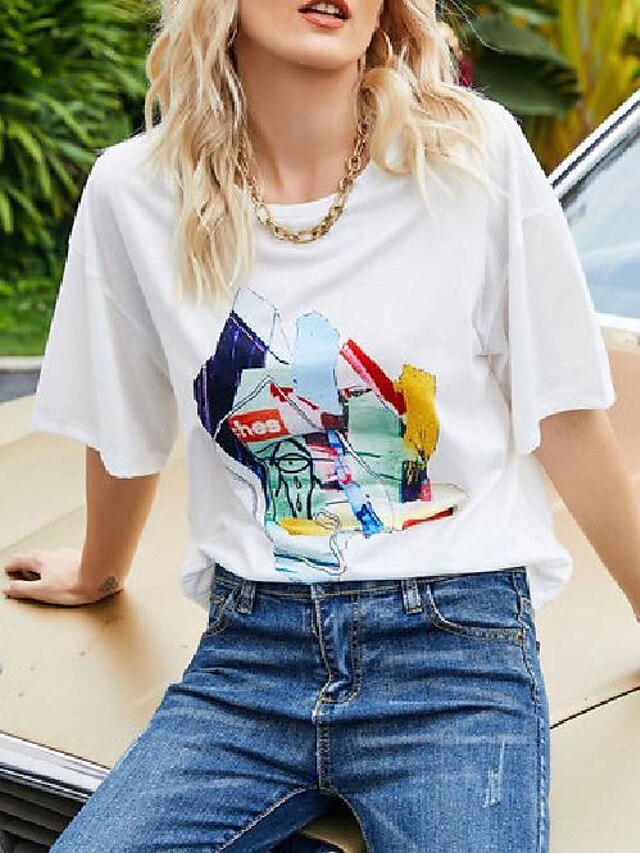 Womens Clothing Womens Tops | cartoon print o-neck loose t-shirt - RC95994