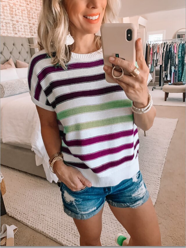 Womens Clothing Sweaters & Cardigans | Womens Cardigan Stripes Short Sleeve Sweater Cardigans U Neck Blue Purple Green - AF34543