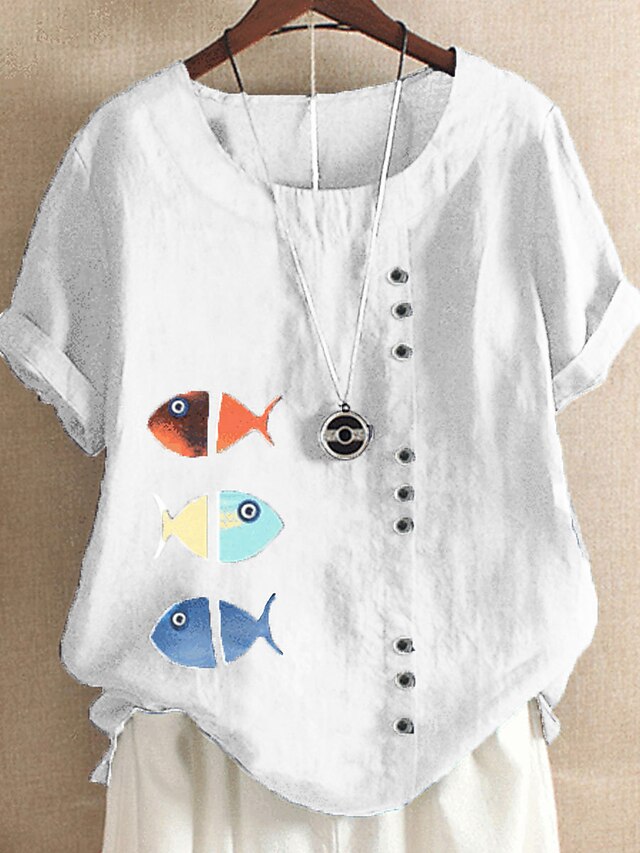 Womens Clothing Plus Size Collection | Womens Plus Size Tops Blouse Shirt Print Fish Short Sleeve Round Neck Causal Daily Cotton