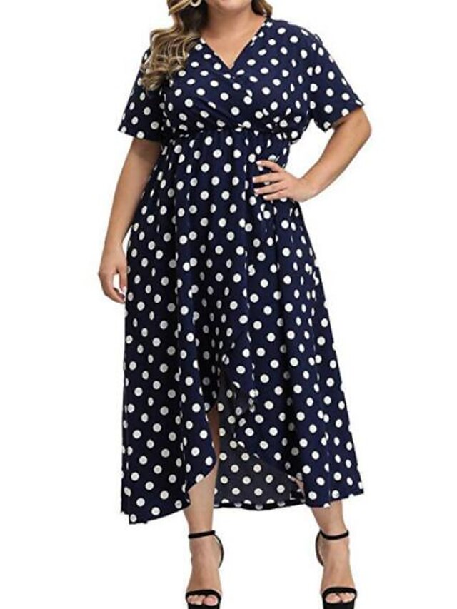 Womens Clothing Plus Size Collection | Womens Plus Size Swing Dress Polka Dot V Neck Ruffle Short Sleeve Spring Summer Hot Fashi