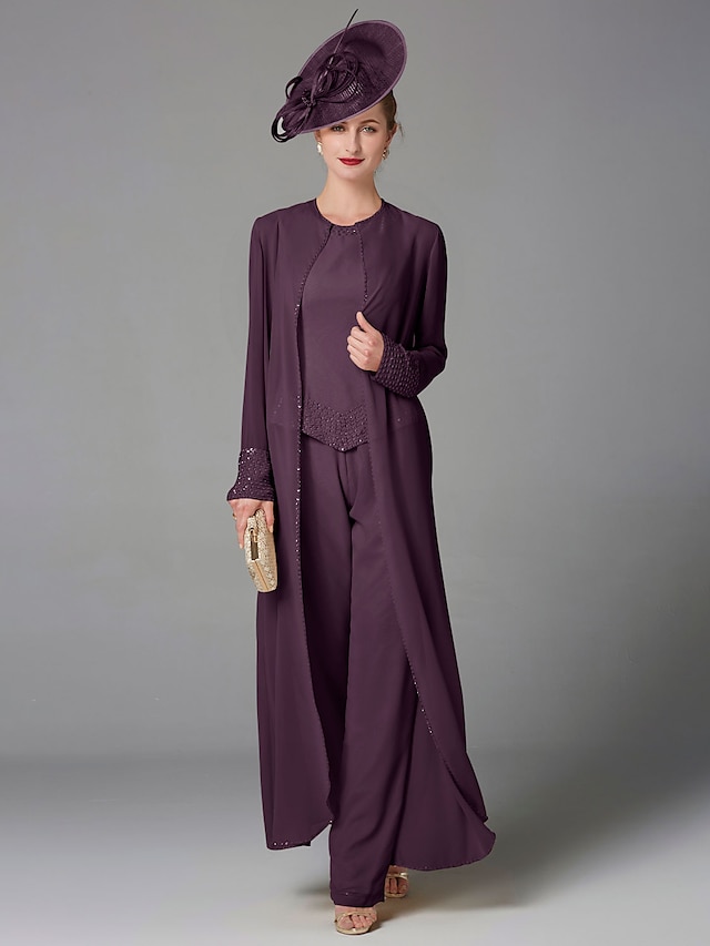  Beach Bryllup Jumpsuit  Buksedrakt 3 Delt Mor til bruden Formell Bryllupsgjest Elegant Pluss Størrelse Innviklet Båtnakke Gulvlengde Chiffon Lang Erme Innviklet med Perleapplikasjoner
