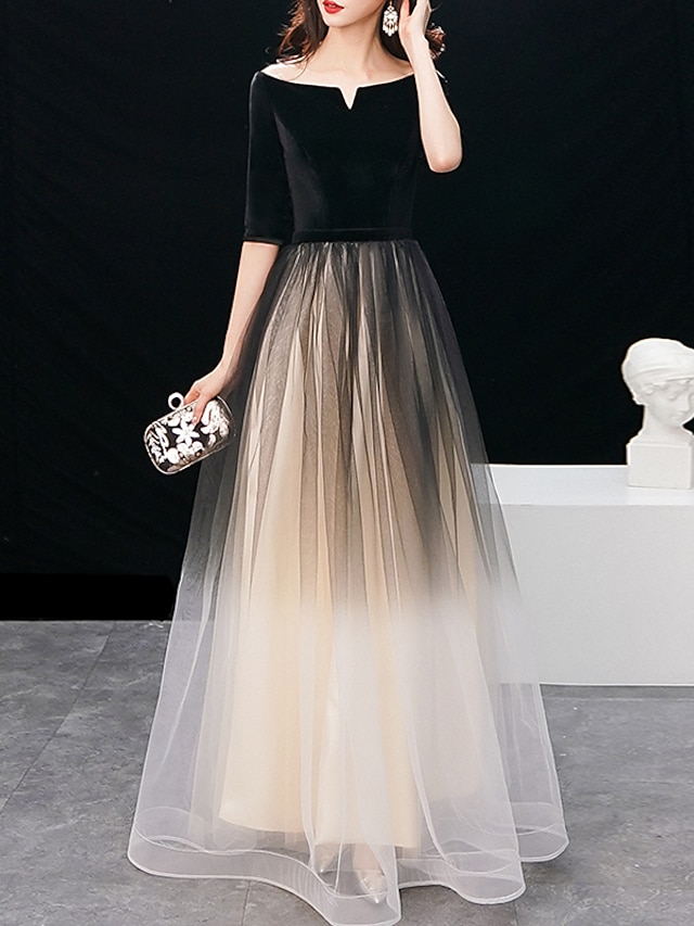  A-Line Elegant Gradient Prom Formal Evening Dress Jewel Neck Half Sleeve Floor Length Tulle with Sleek 2022