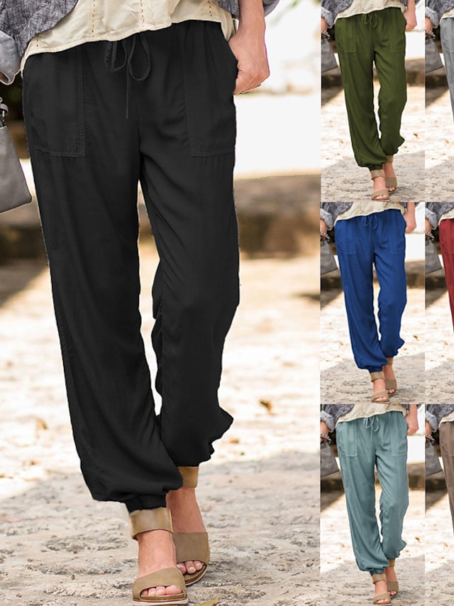  נשים קז'ואל אופנה קז'ואל ג'וגר כיס שרוך מכנסיים באורך מלא מזדמן יומיומי מיקרו אלסטי צבע אחיד רך ספורט חאקי xxl