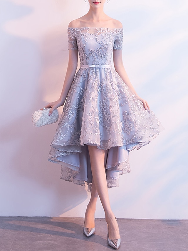  Γραμμή Α Κοκτέιλ Φορέματα Κομψό Φόρεμα Επισκέπτης γάμου Καλωσόρισμα Ασύμμετρο Κοντομάνικο Ώμοι Έξω Τούλι με Φιόγκος(οι) Πλισέ 2024