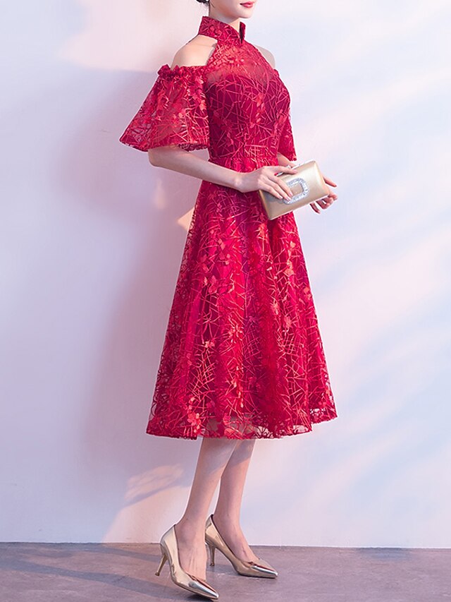 A Line Elegant Floral Party Wear Cocktail Party Dress Stand Collar Short Sleeve Knee Length Tulle With Pleats Embroidery 22 22 99