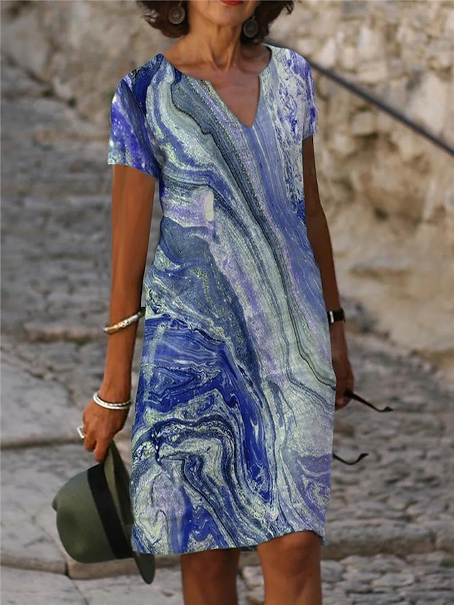  Women's Shift Dress Midi Dress Blue Light Blue Short Sleeve Tie Dye Print Spring Summer V Neck S M L XL XXL 3XL