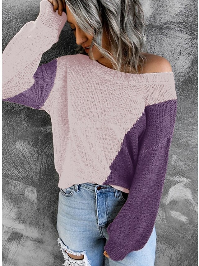 Womens Clothing Sweaters & Cardigans | Womens Pullover Sweater Jumper Knit Knitted Color Block Round Neck Stylish Casual Daily H