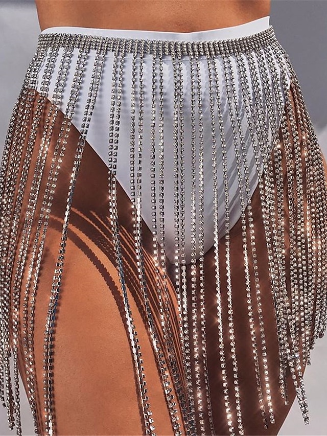  Women's Skirt Above Knee Polyester Silver Gold Skirts Summer Tassel Fringe See Through Cut Out Without Lining Party Sexy Weekend Nightclub One-Size
