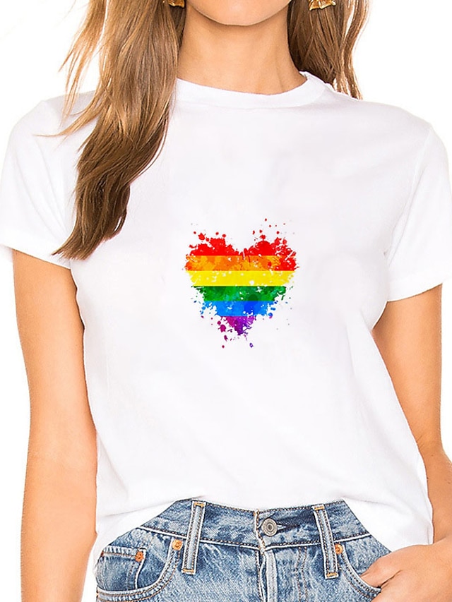  Women's Painting T shirt Rainbow Heart Print Round Neck Basic LGBT Pride Tops White
