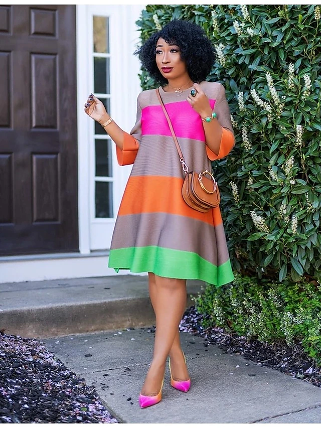 Women's Midi Dress Casual Dress Swing Dress Basic Modern Daily Going out Weekend Loose Fit Striped Color Gradient Short Sleeve Crew Neck Color stripes Summer Spring 5