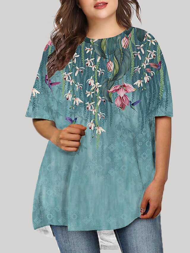 Womens Clothing Plus Size Collection | Womens Plus Size T Shirt Dress Tee Dress Floral Round Neck Print Short Sleeve Spring Casu