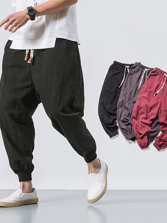 Mens Clothing Mens Bottoms | Mens Stylish Classic Style Harem Loose Pants Classic Drawstring Ankle-Length Pants Home Daily Micro