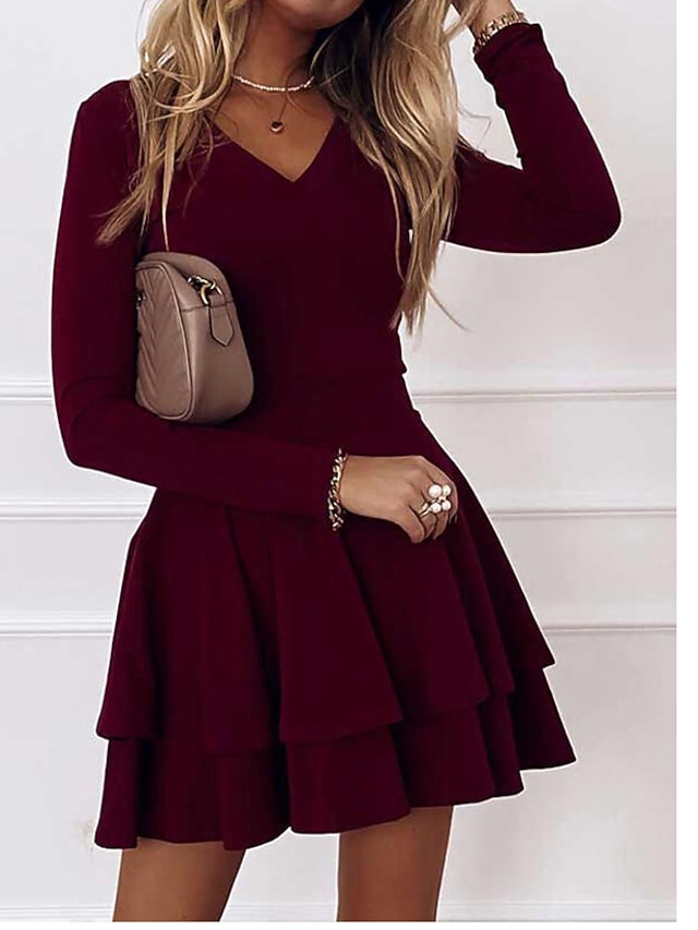 Mujer Vestido de una línea Mini vestido corto Negro Vino Tinto Azul Oscuro  Manga Larga Color sólido Color puro Multi capa Volante Otoño Primavera  Escote en Pico Personalizado Elegante Sensual Fiesta 8755895