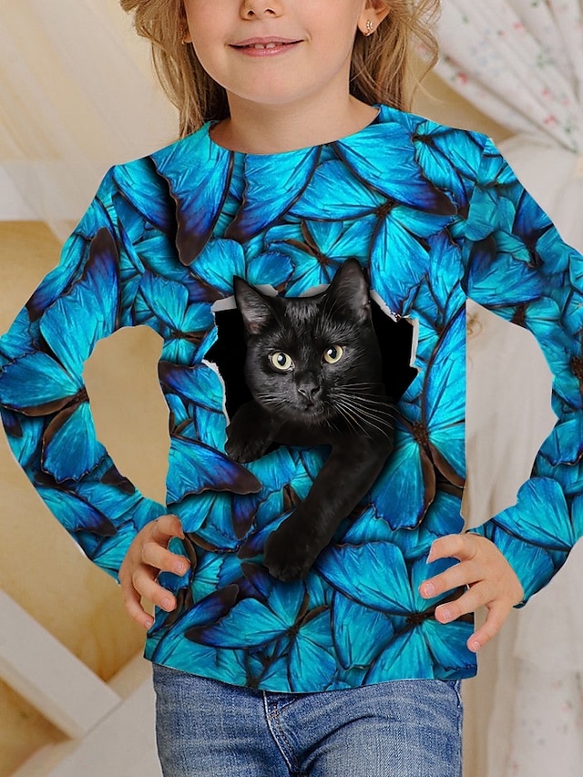  kinderen kat bloem 3d print t-shirt tee lange mouw blauw zwart dierenprint school dagelijkse slijtage actief 4-12 jaar/herfst