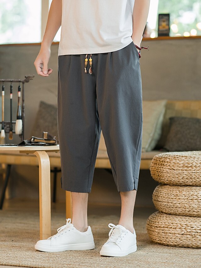 Mens Clothing Mens Bottoms | Mens Chinoiserie Folk Style Chinos Beach Pants Drawstring Calf-Length Pants Home Daily Micro-elasti