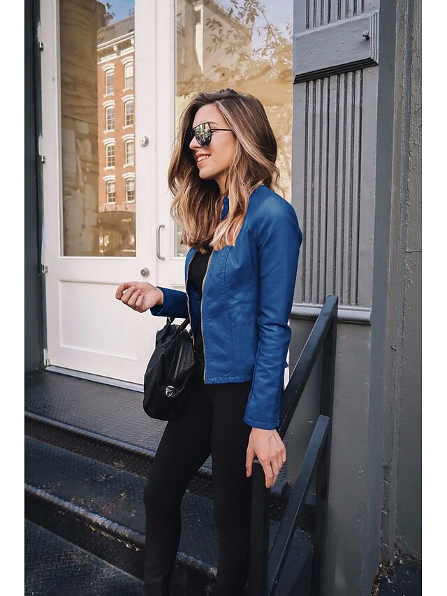 Women's Faux Leather Jacket Street Shopping Spring Fall Regular Coat Slim Windproof Chic & Modern Jacket Long Sleeve Solid Color Faux Fur Trim Denim Blue Black Blue 13