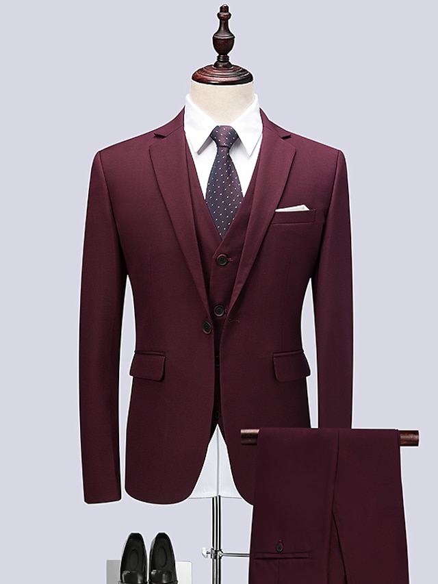  Burgundy White Red Men's Wedding Business Suits Business Formal Groom Suits 3 Piece Solid Colored Tailored Fit Single Breasted One-button 2024