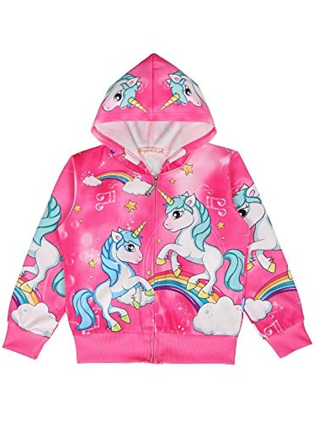 Baby & Kids Girls Clothing | Toddler Girls Unicorn Hoodie Pink Red Jacket Zip Up Sweatshirt Rainbow Clothes With Pockets - UB430