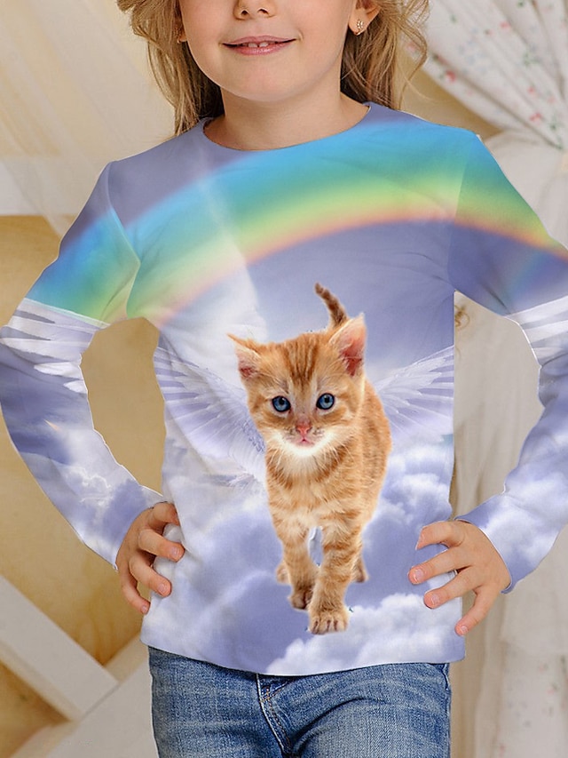  Da ragazza 3D Animali Gatto maglietta Manica lunga Stampa 3D Autunno Attivo Adorabile Poliestere Bambino 4-12 anni Esterno Al coperto Standard