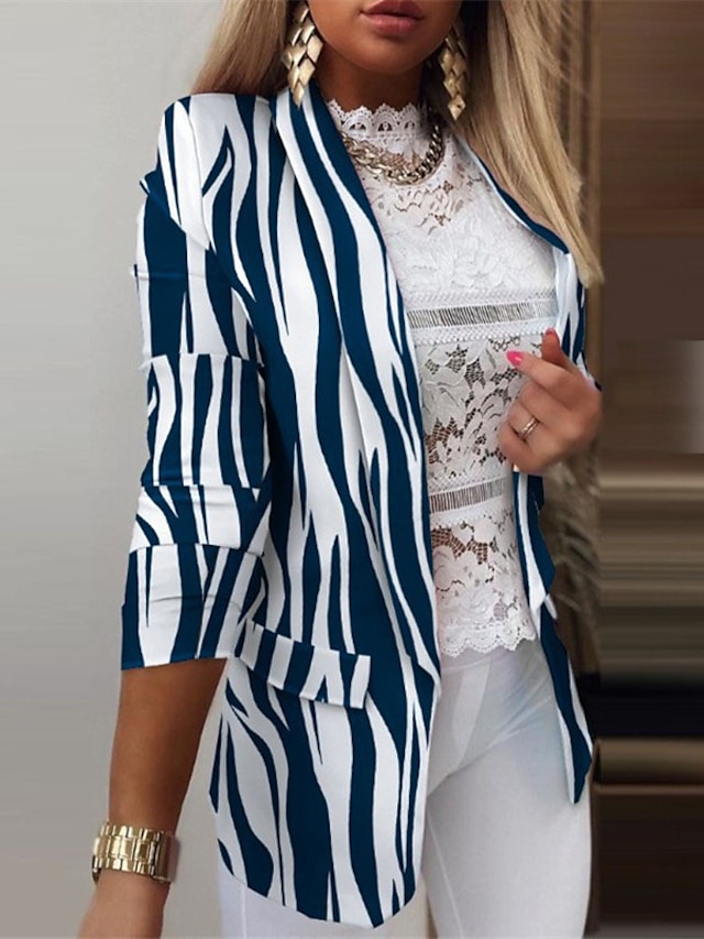  Women's Blazer Regular Slim Fit Coat White Black Blue Pink Light Blue Stylish Special Occasion Fall Open Front Turndown Regular Fit S M L XL XXL 3XL / Daily / Breathable / Striped / Butterfly