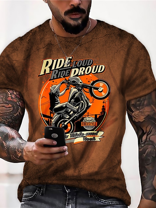  Men's Tee T shirt Tee Shirt Designer Summer Short Sleeve Graphic Patterned Motorcycle Outside Travel 3D Print Crew Neck Daily Holiday Print Clothing Clothes Designer Casual Big and Tall Brown