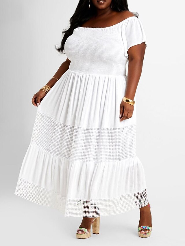 Womens Clothing Plus Size Collection | Womens Plus Size A Line Dress Solid Color Wide collar Lace Short Sleeve Spring Summer Cas