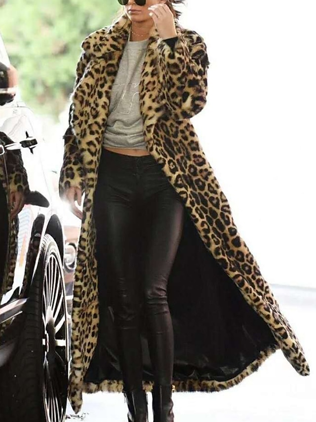  Women's Faux Fur Coat Fall Winter Street Daily Maxi Coat Windproof Warm Regular Fit Jacket Long Sleeve Leopard Khaki