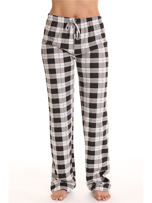  Women's Normal 1 pc Pajamas Bottom Simple Hot Comfort Grid / Plaid Lattice 42% Cotton 58% Polyester Home Party Bed Gift Sports Long Pant Sporty Drawstring Fall Winter Black+Grey Purple / Mid Waist