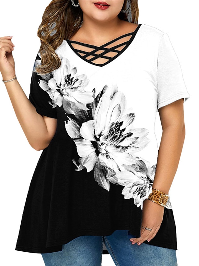 Womens Clothing Plus Size Collection | Womens Plus Size Tops T shirt Floral Print Short Sleeve V Neck Streetwear Daily Weekend P