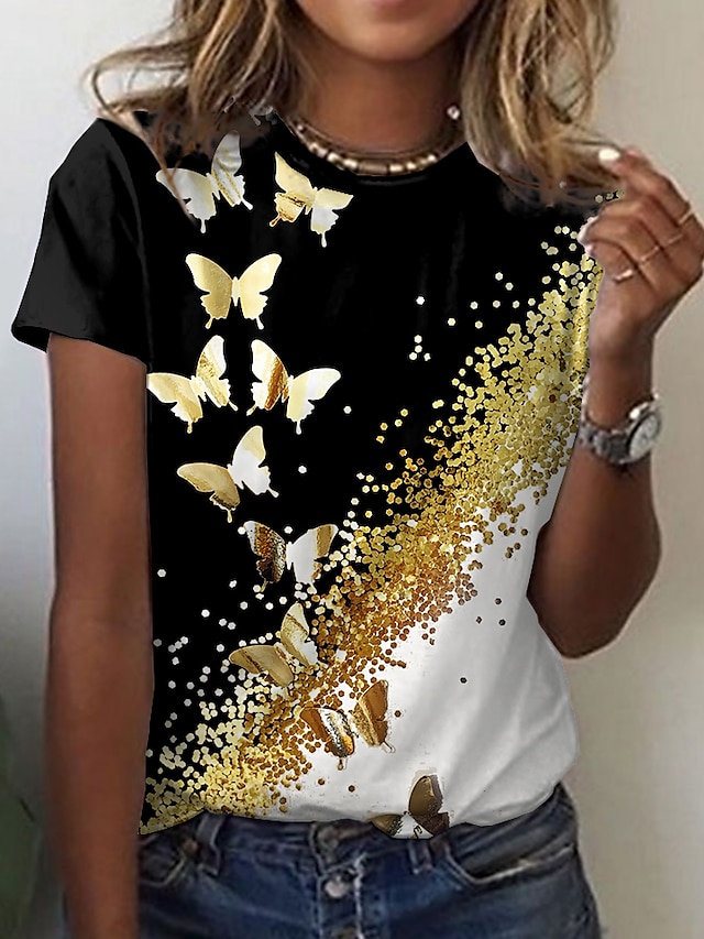  Women's T shirt Tee Designer 3D Print Graphic Butterfly Sparkly Color Block Glittery Short Sleeve Round Neck Daily Print Clothing Clothes Designer Basic Black Purple Yellow