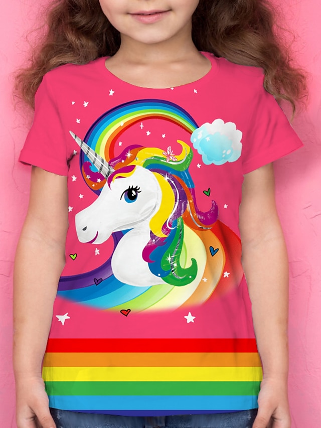  Voor meisjes T-shirt Korte mouw T-shirt dier Regenboog 3D-afdrukken Actief Polyester School Alledaagse kleding Kinderen Afdrukken 4-12 jaar 3D-geprinte afbeelding Normale pasvorm Overhemd