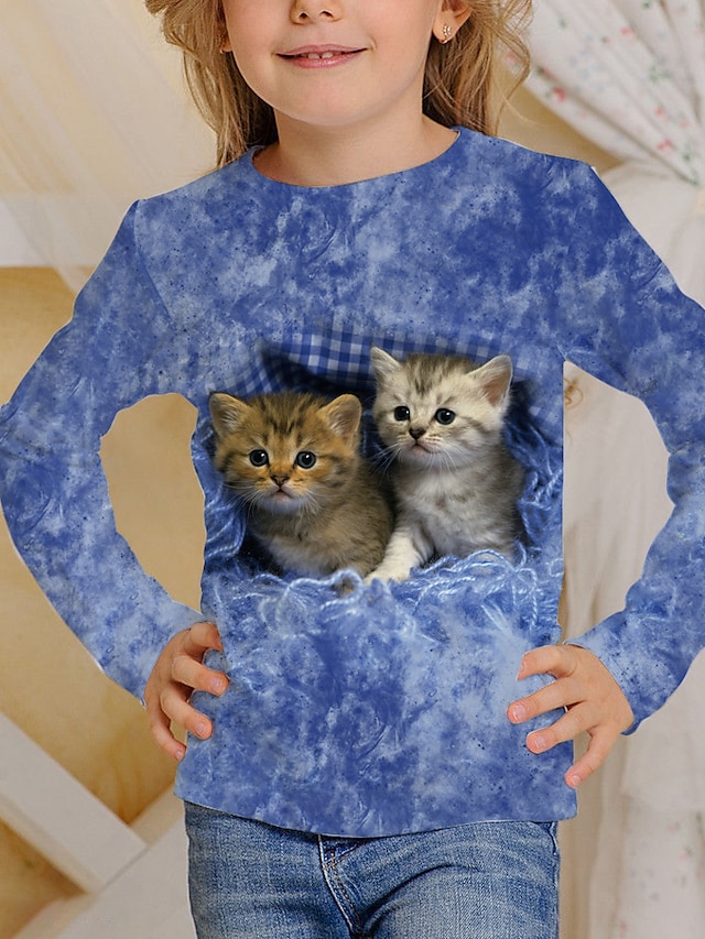  キッズ 猫 3D プリント Tシャツ Tシャツ 長袖 ブルー グレー アニマルプリント 学校 日常着 アクティブ 4-12歳 / 秋