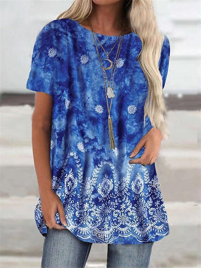 Womens Clothing Womens Dresses | Womens T Shirt Dress Tee Dress Short Mini Dress Blue Half Sleeve Floral Print Fall Summer Round