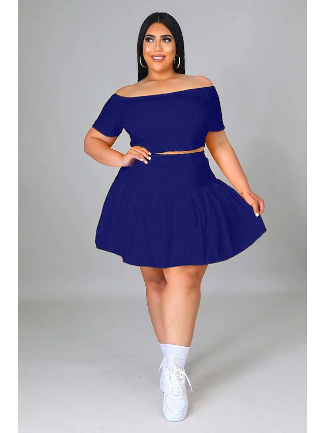 Womens Clothing Plus Size Collection | Womens Plus Size Two Piece Dress Solid Color Wide collar Short Sleeve Spring Summer Casua