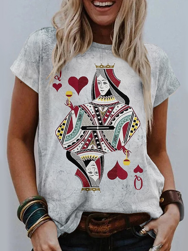  Women's Design T shirt Graphic Heart Print Round Neck Basic Vintage Tops Gray / 3D Print