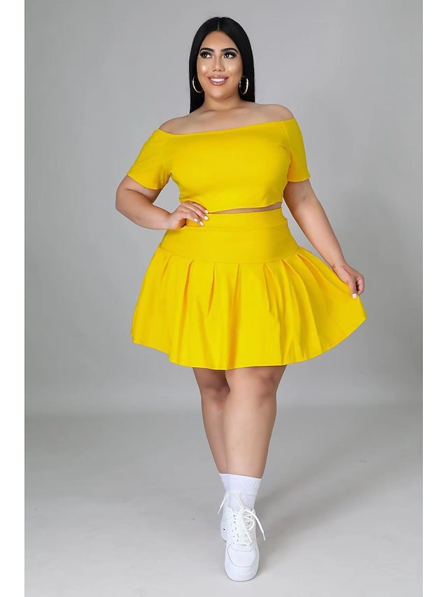 Womens Clothing Plus Size Collection | Womens Plus Size Two Piece Dress Solid Color Wide collar Short Sleeve Spring Summer Casua