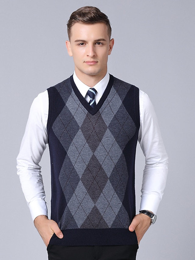 Men's Sweater Vest Wool Sweater Knit Knitted Plaid V Neck Stylish ...