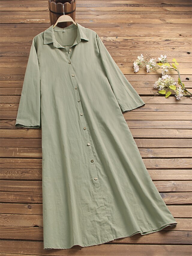 Women's Shirt Dress Maxi long Dress Long Sleeve Solid Color Pocket