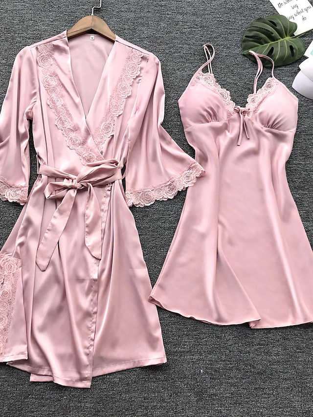  Women's 2 Pieces Pajamas Sets Satin Casual Comfort Patchwork Jacquard Silk Home Party Deep V Gift Mesh Lace Spring Summer Belt Included Pink Khaki / Super Sexy / Bow / Strap