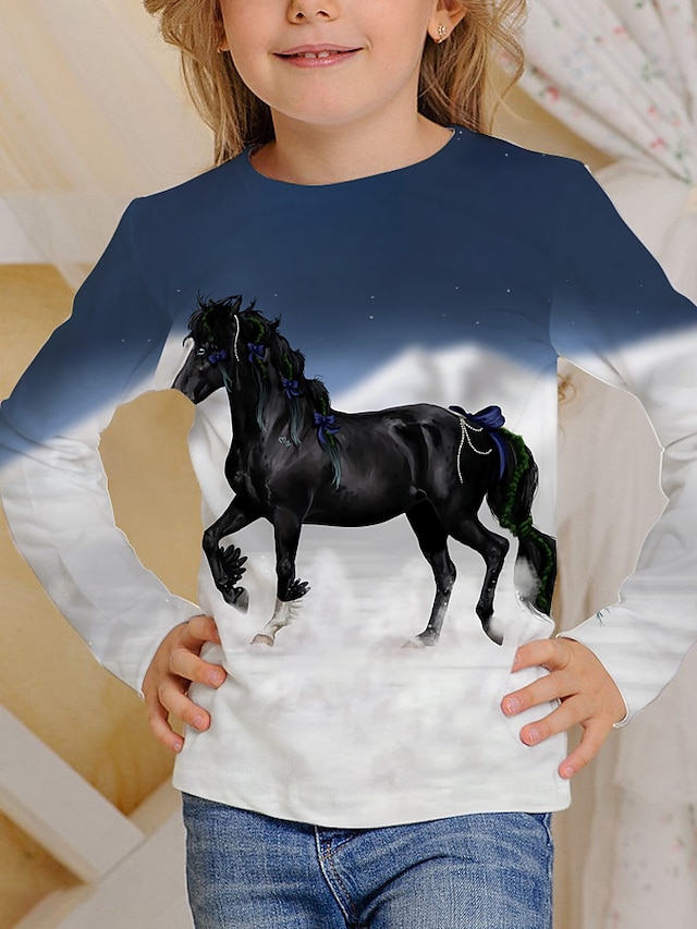  Детская футболка с изображением лошади, с длинным рукавом, белая, темно-синяя, лошадь, объемный принт, животный принт, повседневная одежда для активного отдыха, От 4 до 12 лет, осень