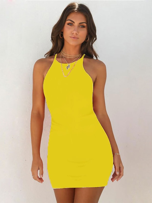  Women's Casual Dress Sheath Dress Sundress Mini Dress Black White Yellow Sleeveless Pure Color Hollow Out Summer Spring Halter Neck Hot Party Slim 2023 S M L XL