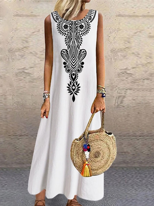  kvinners skiftkjole lang kjole maxikjole svart hvit ermeløst blomstertrykk vår sommer rund hals casual 2023 s m l xl xxl 3xl