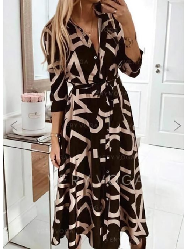 Womens Clothing Womens Dresses | Womens Shift Dress Maxi long Dress Black 3/4 Length Sleeve Graphic Lace up Spring Summer Collar