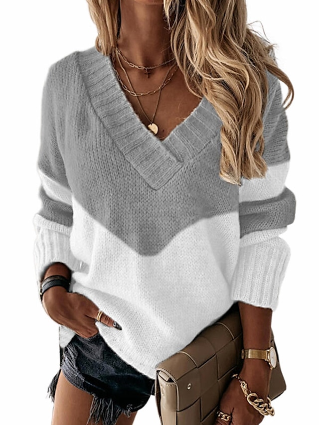  Women's Pullover Sweater Jumper Pullover Jumper V Neck Knit Cotton Blend Knitted Fall Winter Daily Stylish Basic Casual Long Sleeve Color Block khaki Gray S M L
