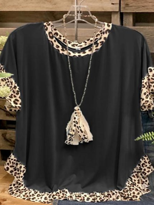 Womens Clothing Plus Size Collection | Womens Plus Size Tops T shirt Color Block Leopard Short Sleeve Round Neck Comfortable Cau