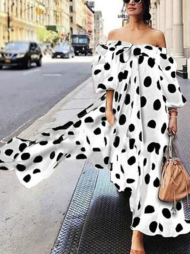 Womens Clothing Womens Dresses | Womens Swing Dress Maxi long Dress White Black Red Brown Sleeveless Polka Dot Print Spring, Fal