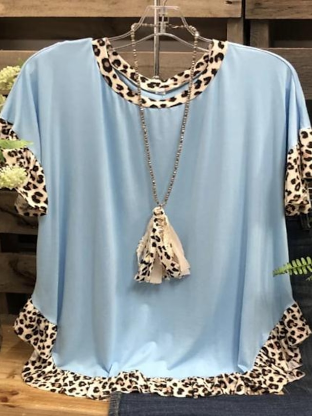 Womens Clothing Plus Size Collection | Womens Plus Size Tops T shirt Color Block Leopard Short Sleeve Round Neck Comfortable Cau