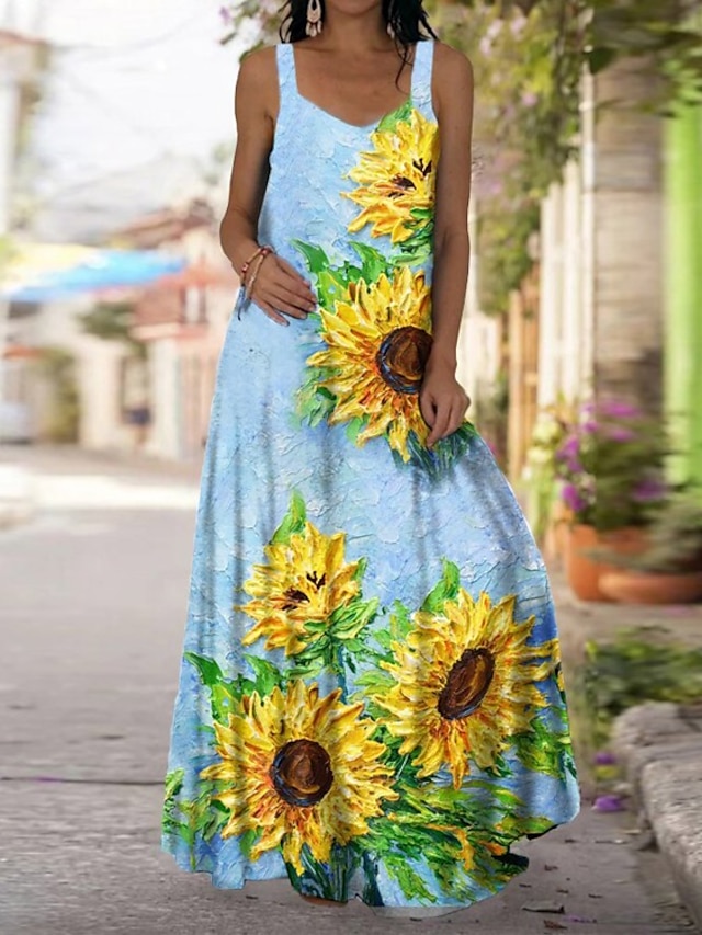  Women's Swing Dress Maxi long Dress Leopard Lake blue Black Sleeveless Sunflower Print Spring Summer U Neck Basic Casual Loose 2022 S M L XL 2XL