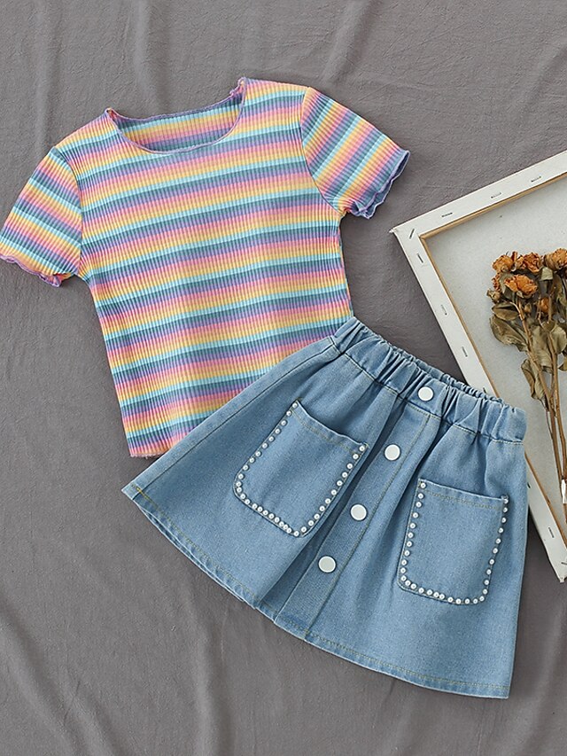  Kids Girls' Clothing Set 1 PC Short Sleeve Blue Striped Cotton School Daily Wear Vacation Active 4-13 Years / Summer